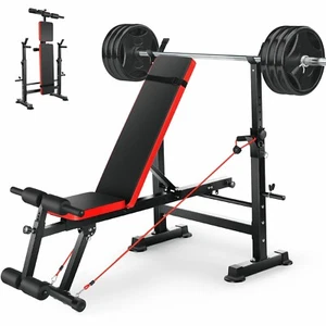 Foldable Weight Bench Adjustable w/Squat Barbell Rack and Removable Foot Bracket - Picture 1 of 12
