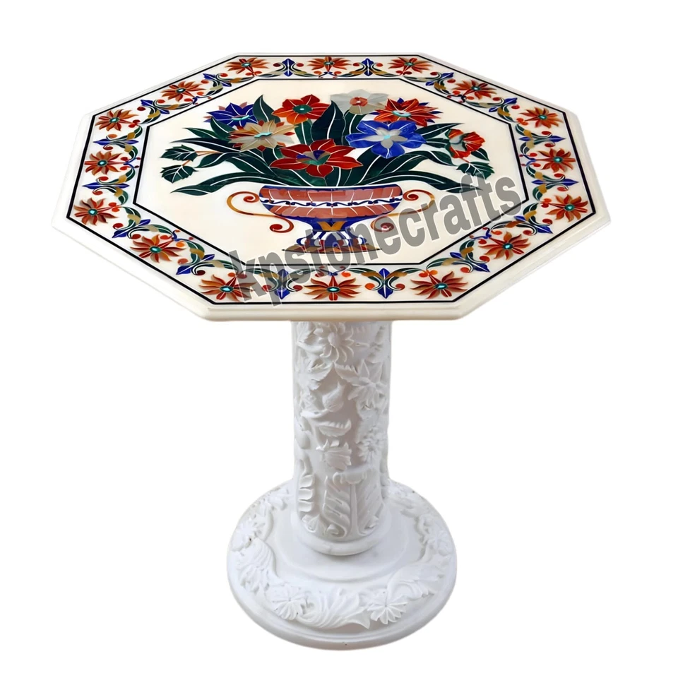 White Marble Octagonal Table Top with Pietra Dura Inlay - Customizable, Semi per - Image 1 of 4