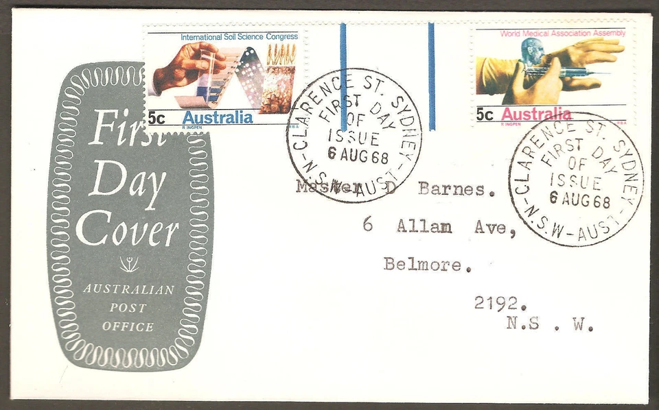 Australia 1968 5c Soil Science & Medical Conference Gutter on APO Shield FDC #02 - Image 1 of 1