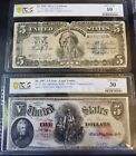 1899 $5 Silver Certificate Pcgs 10 & 1907 $5 Legal Tender Pcgs 30 Pcblic Error