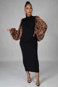 Black w/Animal Print Long Puffy Sleeves Black Maxi Dress w/back Zip. Size Small. - Picture 1 of 3