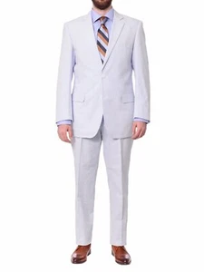 Emigre Classic Fit Blue Striped Two Button Cotton Seersucker Suit - Picture 1 of 5