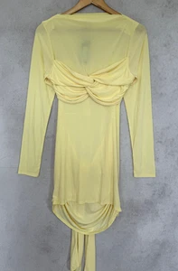 Boohoo Butter Yellow Ruched Twist Mini Dress UK 14 Long Sleeve Party Fit - Picture 1 of 8
