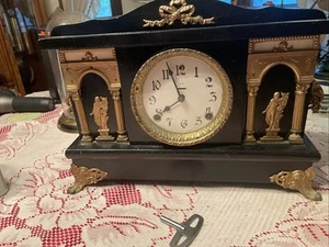ANTIQUE  8 DAY MANTLE CLOCK Cathedral Gong Women w/harps - Picture 1 of 7