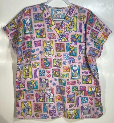 Easter Scrub Top womens size L Large spring bunny rabbits doctor nurse chicks - Image 1 of 3