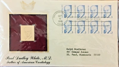 Réplica de sello 1986 oro 22k primer día de emisión Paul Dudley White M.D. CARDIÓLOGO Foto 1 de 4