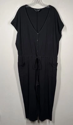 Norma Kamali 连身裤黑色棉质弹力亨利 V 领腰袋 2XL — 第 1/4 张图片