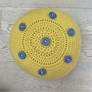 Handmade Merino Wool Yellow Circle Crochet Cushion With Blue Buttons Detail - Picture 1 of 5