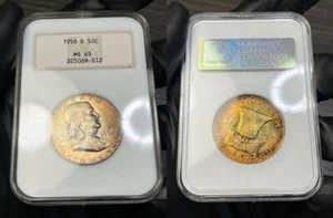 MS65 1958-D 50C Franklin Silver Half Dollar, NGC- Fatty Holder, Rainbow Toned - Picture 1 of 9