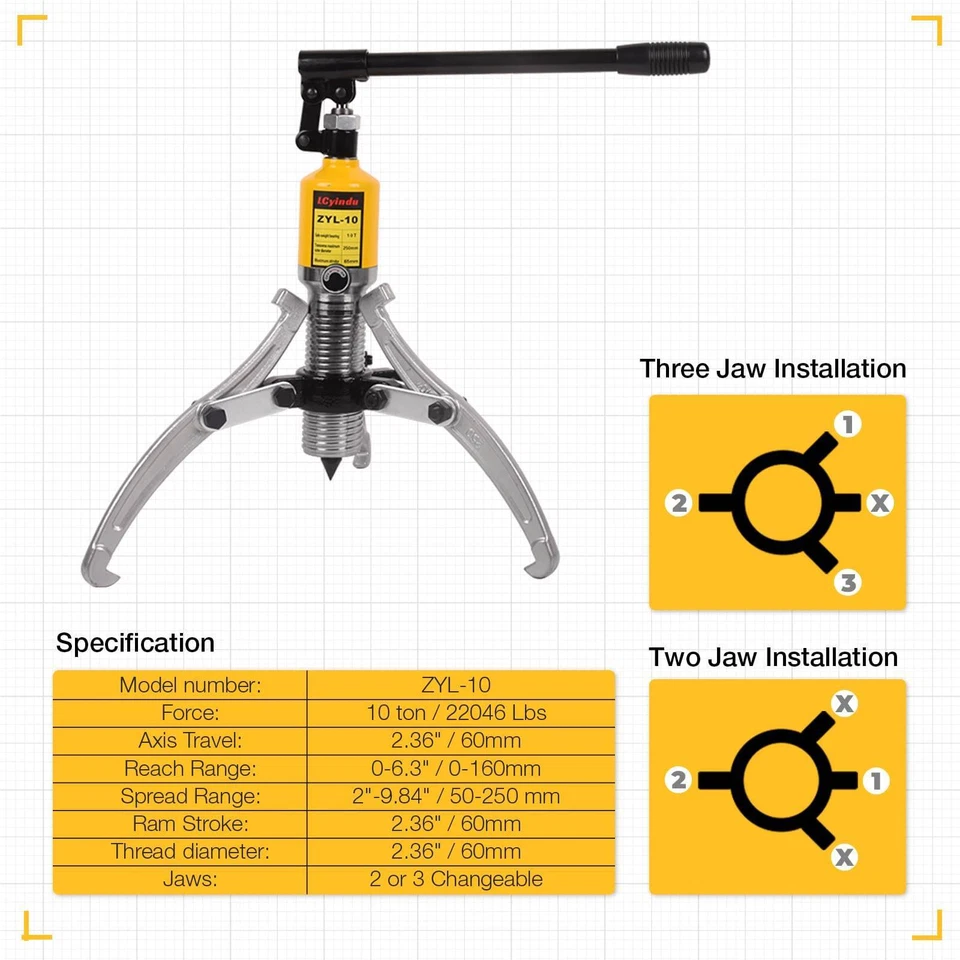 10T Hydraulic Gear Puller Bearing Puller 2 or 3 Jaws Bearing Hub Separator Tool - Image 1 of 4