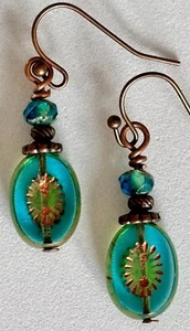 Copper and Aqua Blue Picasso Earrings. Boho Chic - Picture 1 of 3