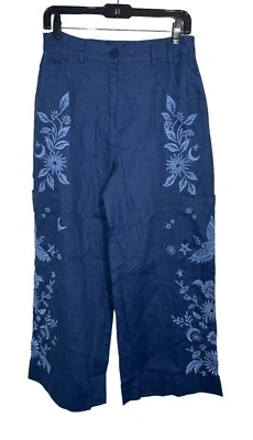 Pantalón Johnny Was Talla 6 Adelfa Pierna Ancha Azul Bordado Lino Recortado $248 Foto 1 de 4