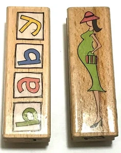 2 WOOD MOUNT RUBBER STAMPS ~ PREGNANT MATERNITY EXPECTING / BABY  - Picture 1 of 3