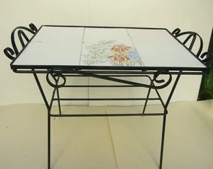 1960's Wrought Iron Rectangular Table H/Painted Tiles w Floral Design Signed Art - Picture 1 of 15
