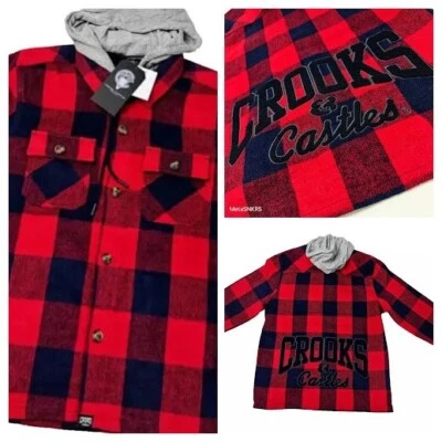 Crooks & Castles Franela con Capucha a Cuadros - Para Hombre L - Rojo/Azul Chaqueta Abotonada Nueva Foto 1 de 4