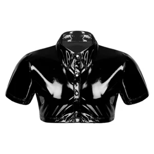 Uomo PVC Corto Top Camicetta Lucido Simil pelle Mezza Giacca Camicia Slim Sexy - Foto 1 di 14