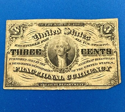 1864 3rd Issue 3 Cents Postage Fractional Currency Civil War Note Fr. 1227 - Image 1 of 4