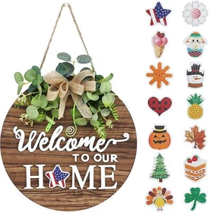 Interchangeable Seasonal Welcome Sign Front Door Decoration, Rustic Round Wood - Picture 1 of 7