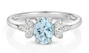 Aguamarina Y Anillo con Diamante Leaf Diseño Hombros 9ct Oro Blanco Talla J - Q - Imagen 1 de 6