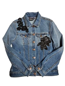 Nanette Lepore Womens XS Denim Button Jacket Black Sequin Floral Streetwear - Picture 1 of 10