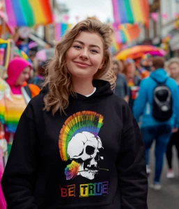 Womens Mens Gay Hoodie BE TRUE Punk Skull LGBT Rainbow Pride Festival Christmas - Picture 1 of 2