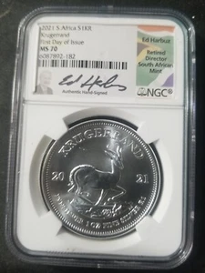 2021 SOUTH AFRICA SILVER KRUGERRAND NGC MS70 FIRST DAY OF ISSUE ED HARBUZ SIGNED - Picture 1 of 2