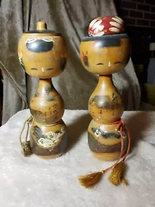 Pair of Antique Vintage Signed Japanese Kokeshi Wooden Dolls - Picture 1 of 18
