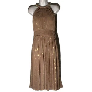 JESSICA HOWARD tan gold shimmery dots semi sheer overlay halter dress 8 - Picture 1 of 9
