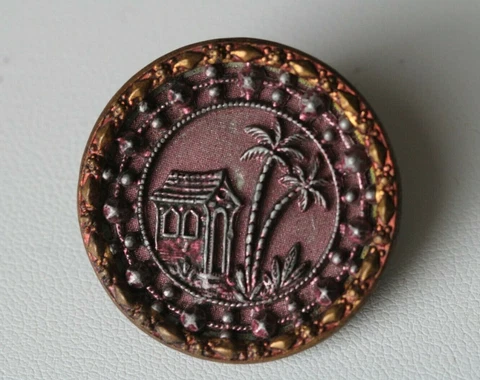 Antique Metal Picture Buttons ~Steel Cut Burgundy Background Palm Trees & Hut Cover