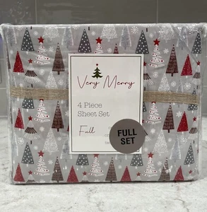 VERY MERRY Whimsical Christmas Trees Full Size Sheet Set Gray Sheets NEW - Picture 1 of 5