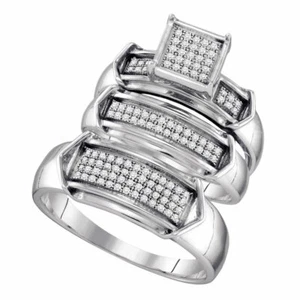 Sterling Silver His Hers Round Diamond Cluster Matching Bridal Wedding Ring Set - Picture 1 of 1
