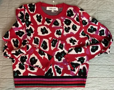 DVF Diane Von Furstenberg leopard Crewneck Long Sleeve Sweater size Med -Red - Image 1 of 4