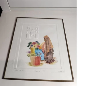 Vintage handmade Ink original embossed art thin metal framed glass w/ hook - Picture 1 of 4