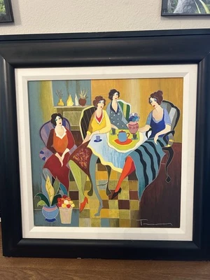 Serigrafía sobre lienzo Itzchak Tarkay "Girls Club" certificado de autenticidad y valoración 22,5” X 22,5” Foto 1 de 4