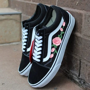 Vans Black Old Skool Pink Rose Custom Handmade Shoes By Patch Collection - Picture 1 of 17