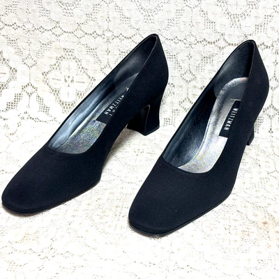 Stuart Weitzman Pumps 9N Faux Suede Soft Fabric Square Toe Black Shoes New - Image 1 of 4
