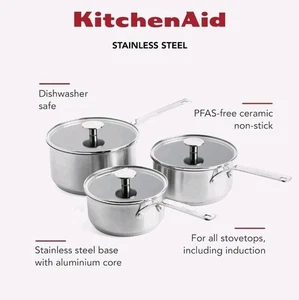 KitchenAid Saucepan Set 3 PC 16/18/20cm with Lids Oven Safe Non-Stick Pans NEW - Picture 1 of 14