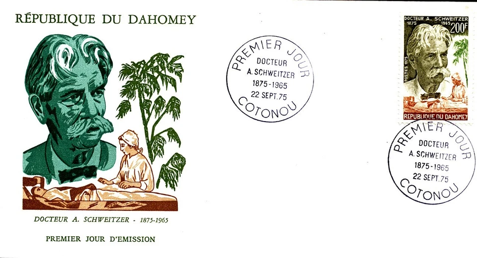 DR SCHWEITZER LEPROSY HEALTH MEDICINE PALM TREES 1975 DAHOMEY FDC - Image 1 of 1
