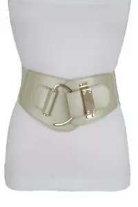 Women Metallic Cream Beige Faux Leather Wide Fashion Belt Gold Hook Buckle L XL - Picture 1 of 12