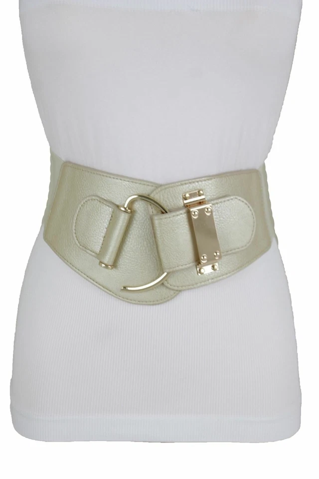 Women Metallic Cream Beige Faux Leather Wide Fashion Belt Gold Hook Buckle L XL - Image 1 of 4