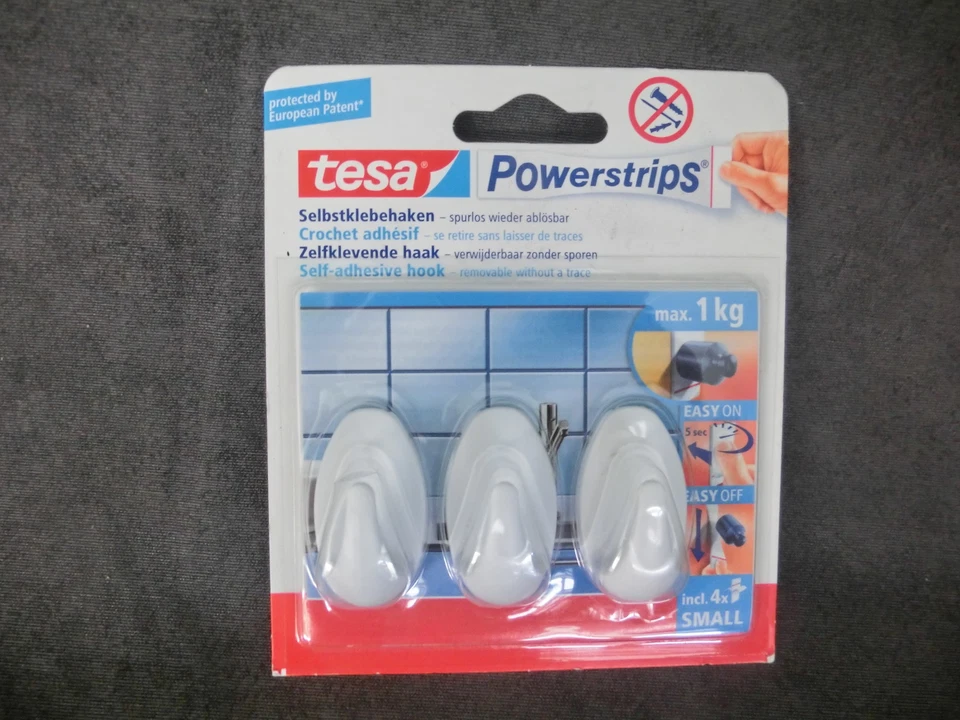 1x tesa POWERSTRIPS 3 St. Selbst-Klebehaken Wand weiss max. 1,0kg Nr. 57500 (WS) - Bild 1 von 1