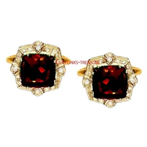 Natural Garnet & CZ Gemstones With 925 Sterling Silver Gold Plated Cufflinks #5A - Picture 1 of 3