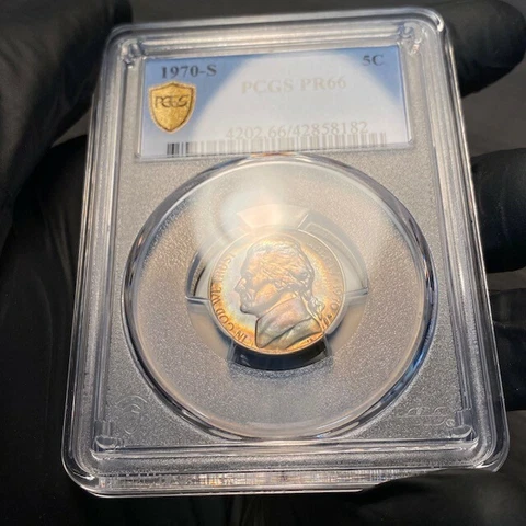 PR66 1970-S 5C Jefferson Proof Nickel, PCGS Secure- Pretty Rainbow Toned Cover