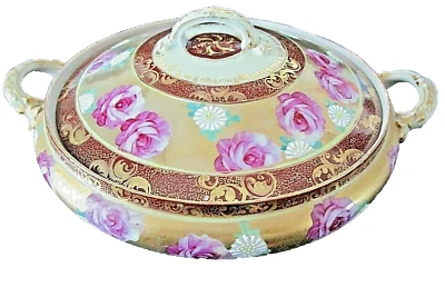 Antique Unmarked Nippon Pink Roses Gold Encrusted Porcelain Covered Veg Tureen - Image 1 of 4