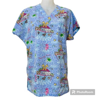 SB Fashion Scrubs Top Womens M #923 Noah Ark V-Neck Short Sleeve Animals Kids - Image 1 of 4