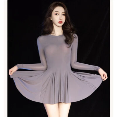 Lady Erotic Semi Sheer Dress Flared Hem sexy Long Sleeve Party Night Clubwear - Image 1 of 4