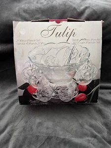Vintage KIG Indonesische Milchglas Klarglas Tulpe Bowle Schüssel 12 Tassen mit Haken - Bild 1 von 23