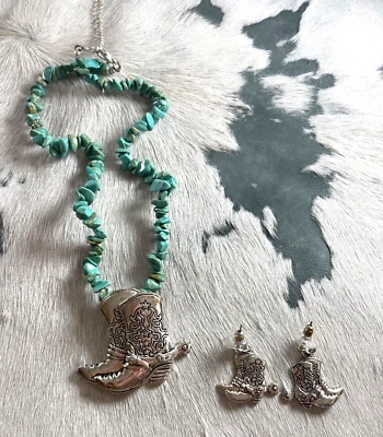 Western Womens Necklace 15 in Boot Turquoise Earrings Metal Stone Remove Pendant - Image 1 of 4