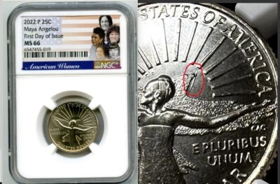 2022 P MAYA ANGELOU QUARTER NGC MS66 DIE GOUGE TWIG ERROR FIRST DAY OF ISSUE  - Image 1 of 3
