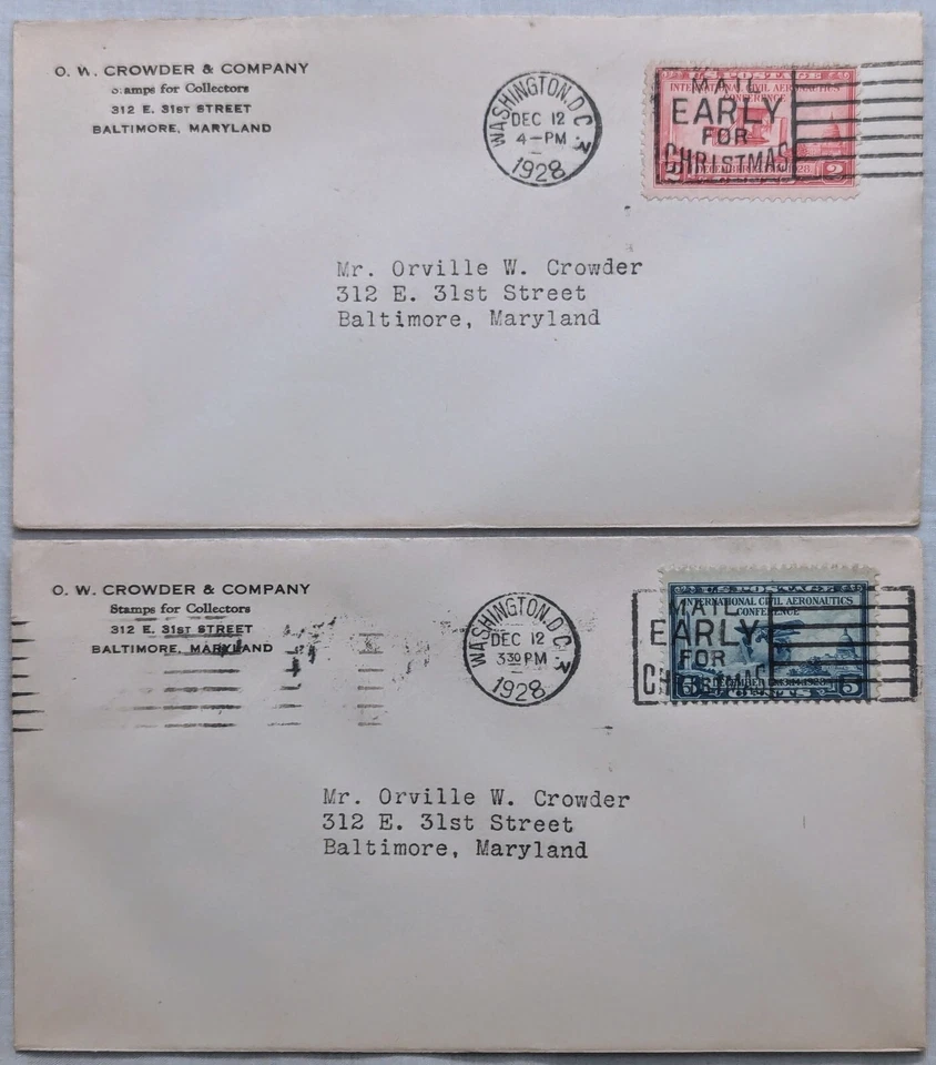 FDC Sc # 649-50 Matching Cover Pair - Orville Crowder - 12/12/1928 - Image 1 of 4